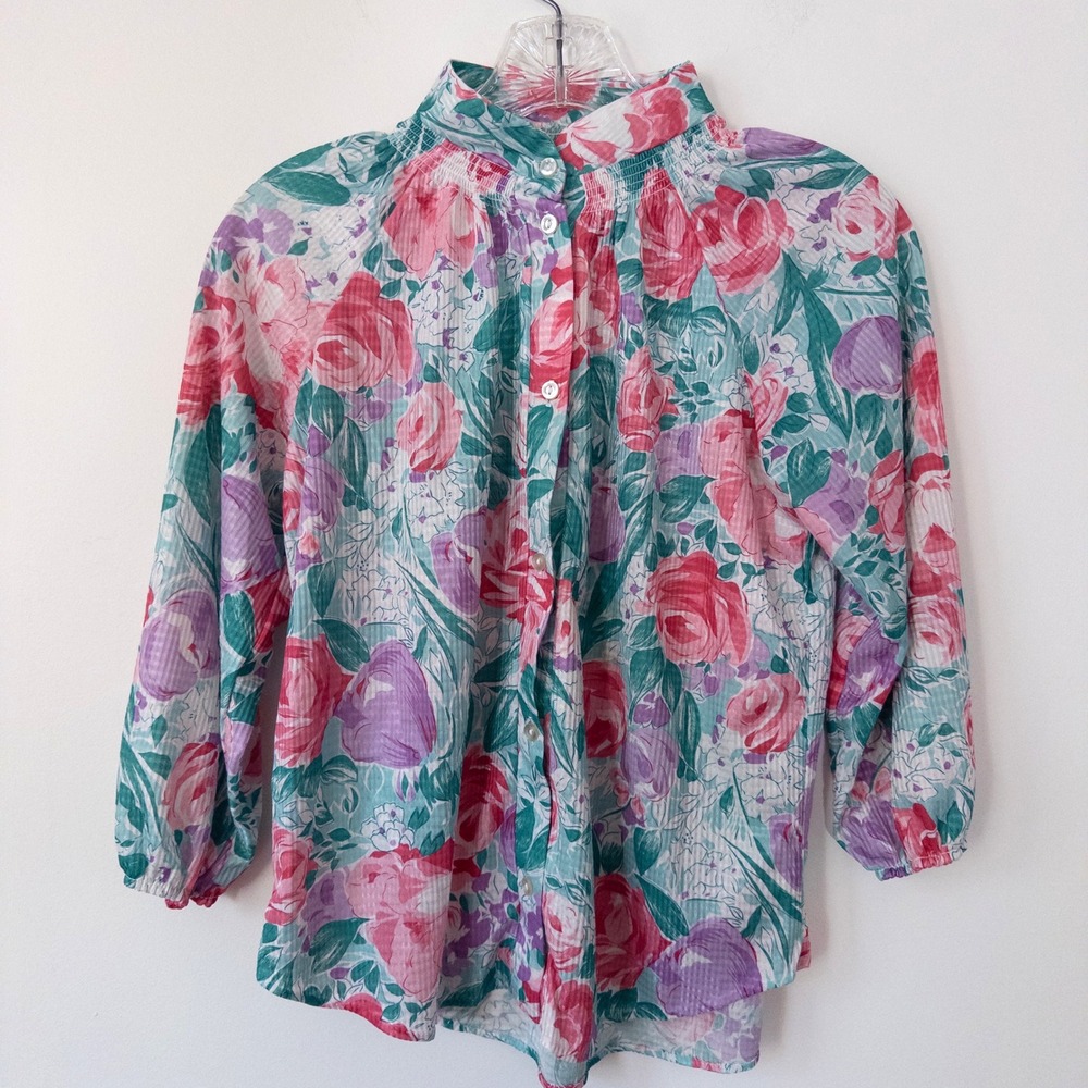 Vintage‎ Floral Top Womens M Pastel Retro Ruffle Feminine Cottagecore Indie Twee